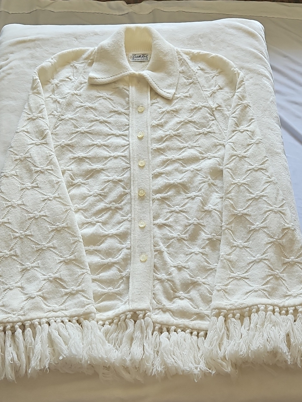 Vintage 60s-70s Cream Button-Up Fringe Poncho